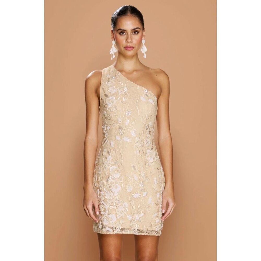 NWT Sonya Moda Maysa Lace Beaded One Shoulder Mini Dress Cocktail Wedding Medium